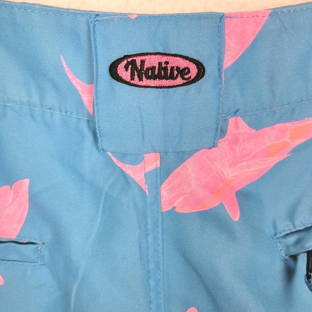 Native Blue Pink Shark Print Swim Trunks Mens M Board Shorts Zip Pocket Vacation